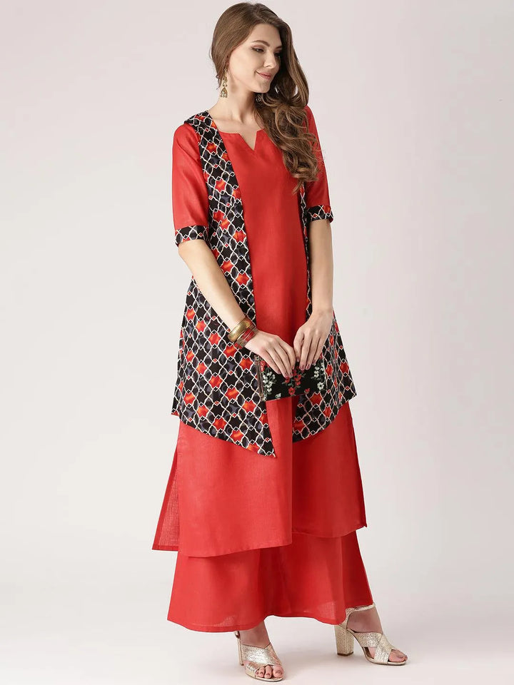 Red Solid Cotton Kurta Set - Libas