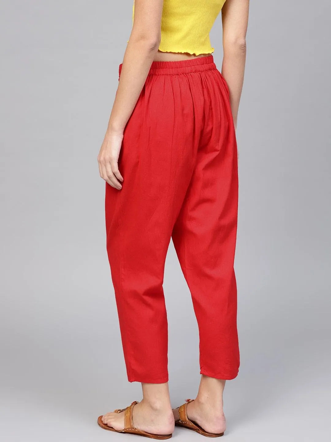 Red Solid Cotton Trousers - Libas 