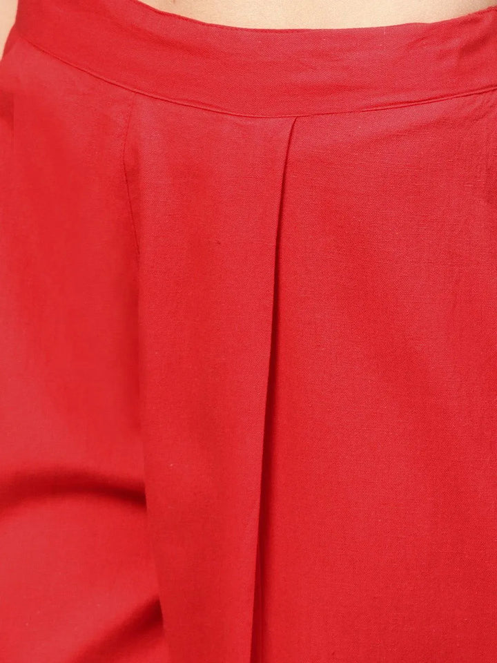 Red Solid Cotton Trousers - Libas