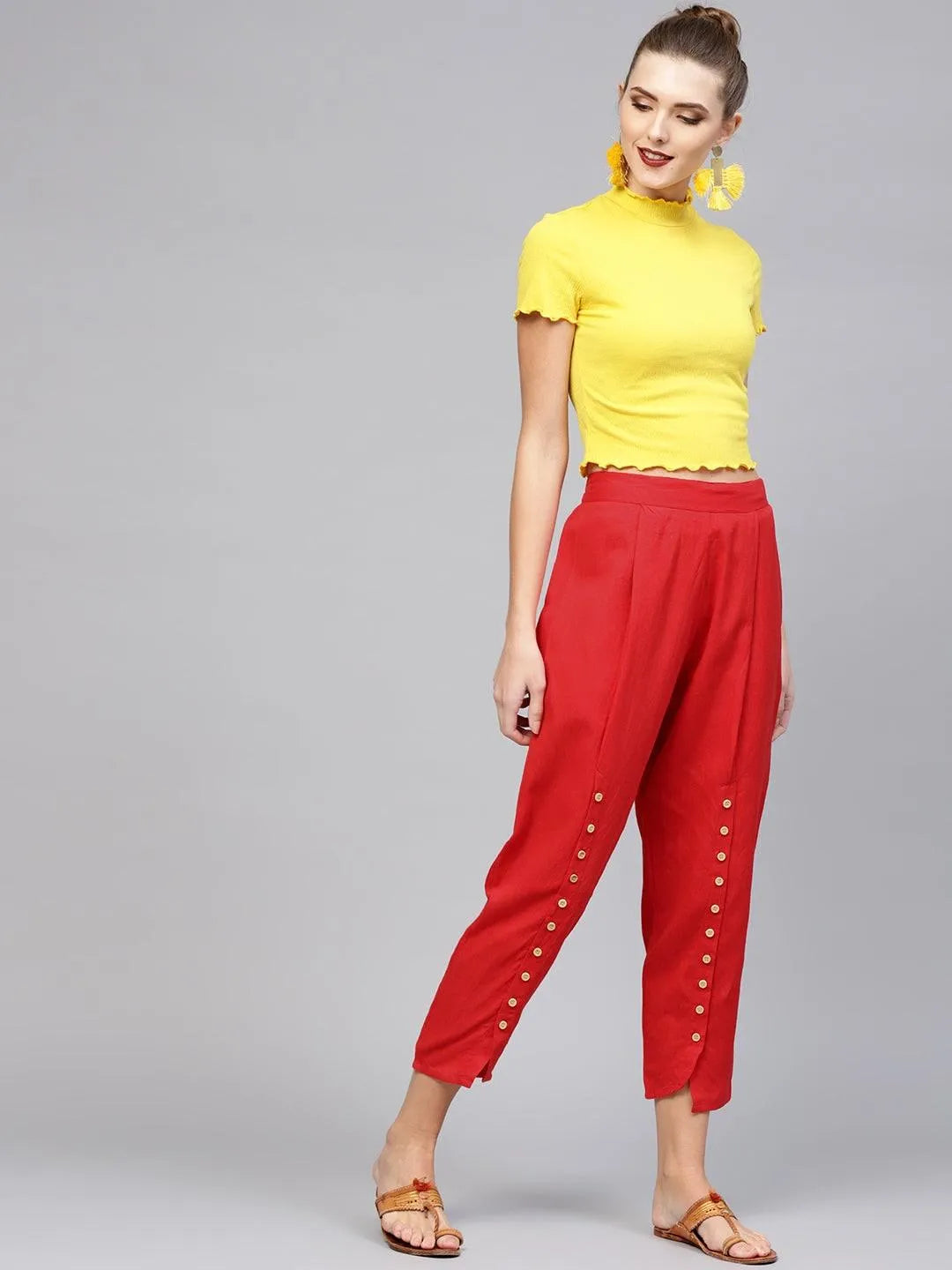 Red Solid Cotton Trousers - Libas 