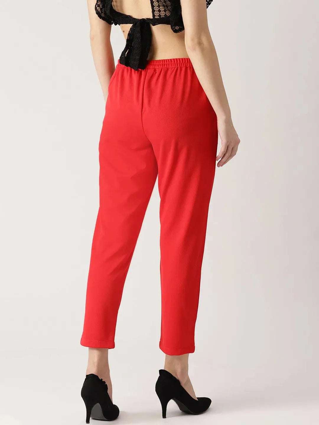 Red Solid Polyester Trousers - Libas