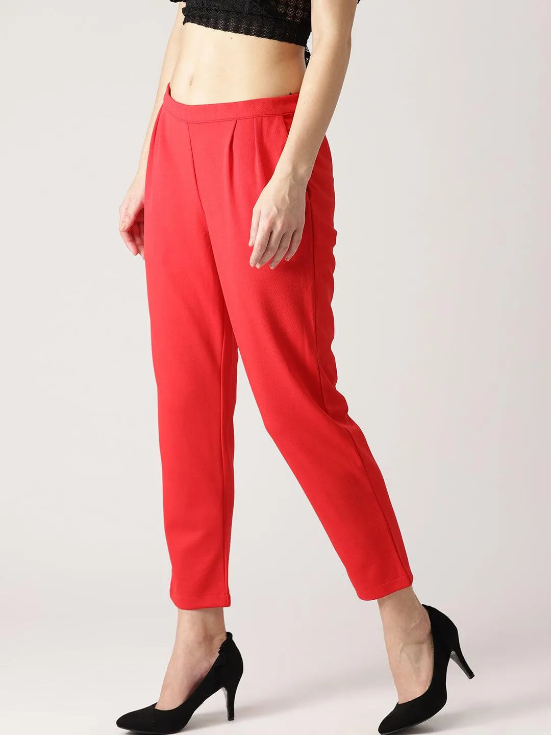 Red Solid Polyester Trousers - Libas