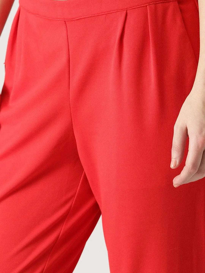 Red Solid Polyester Trousers - Libas