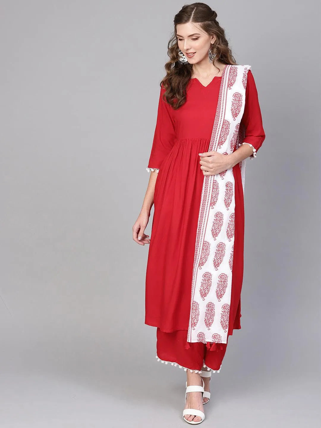 Red Solid Rayon Suit Set - Libas