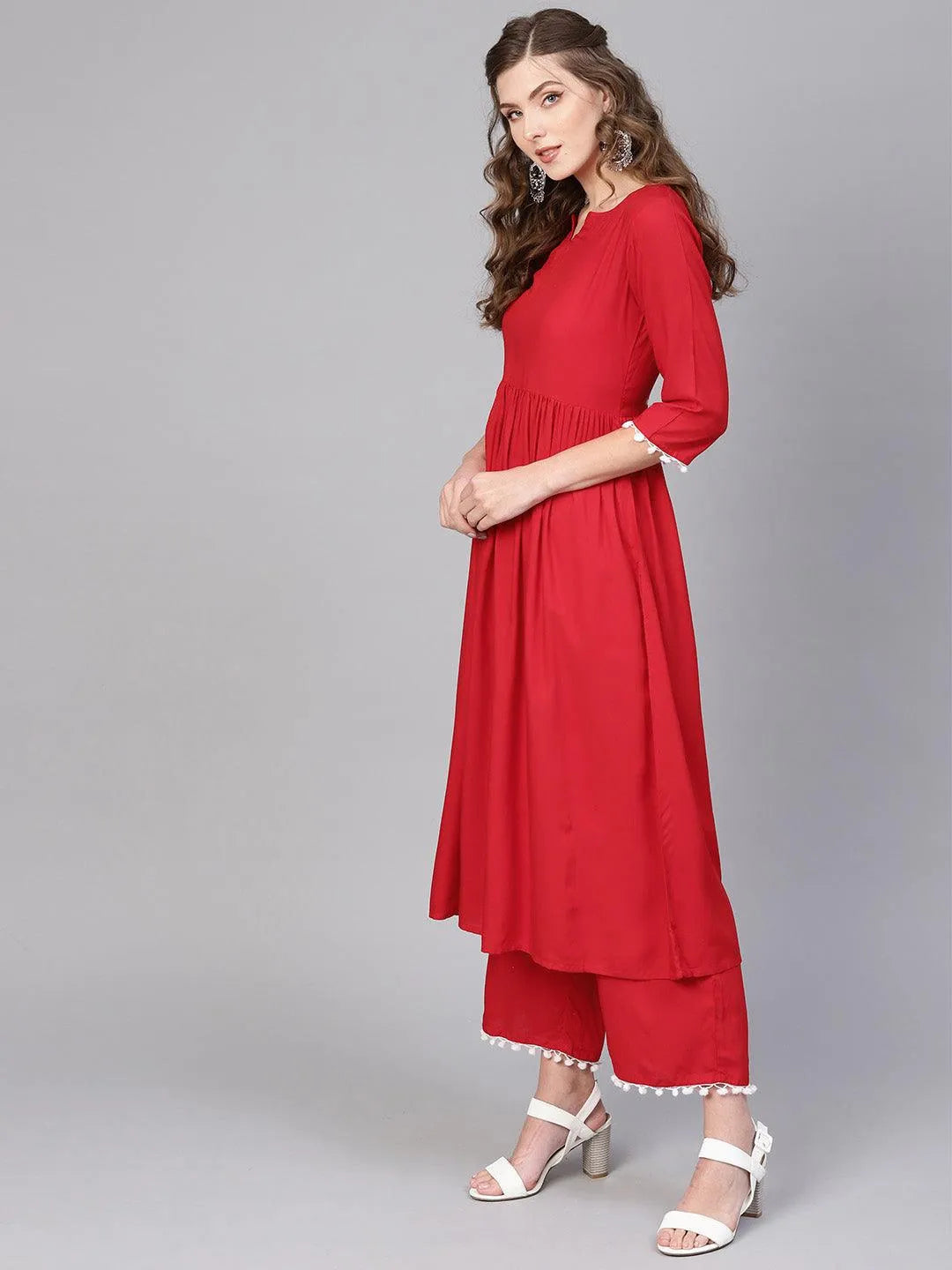 Red Solid Rayon Suit Set - Libas