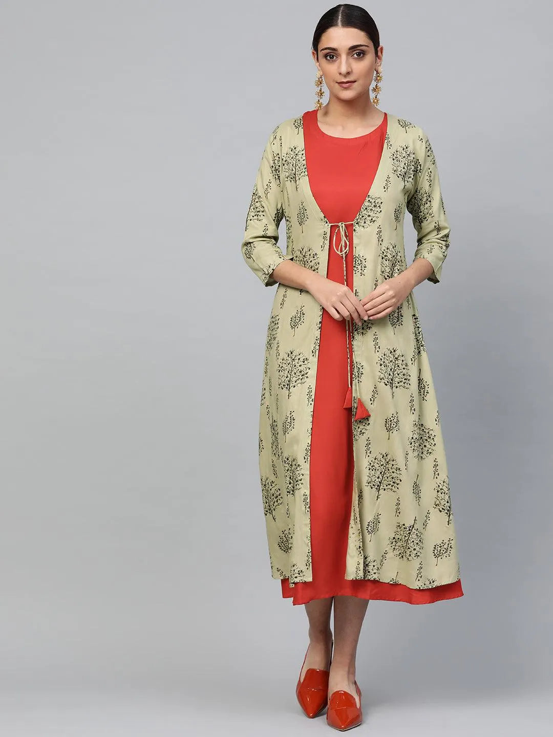 Red Solid Rayon Dress With Shrug - Libas