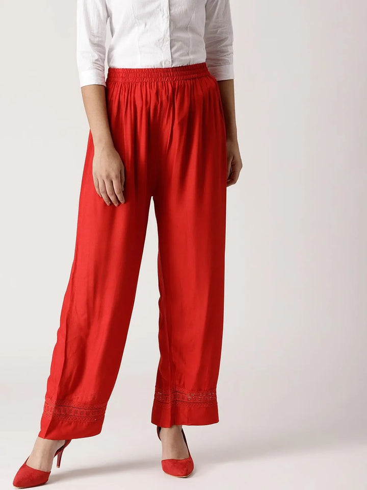 Red Solid Rayon Palazzos - Libas