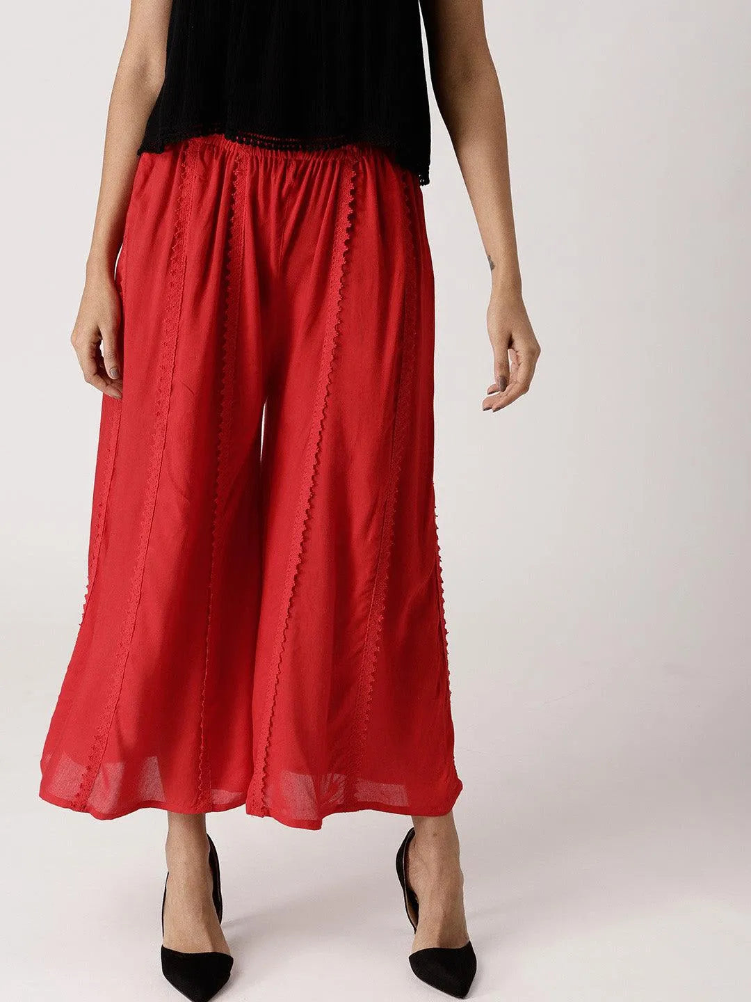 Red Solid Rayon Palazzos - Libas 