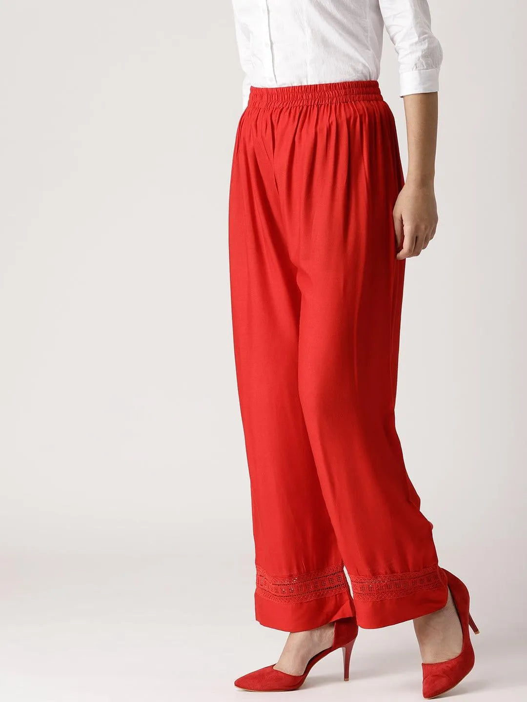 Red Solid Rayon Palazzos - Libas 