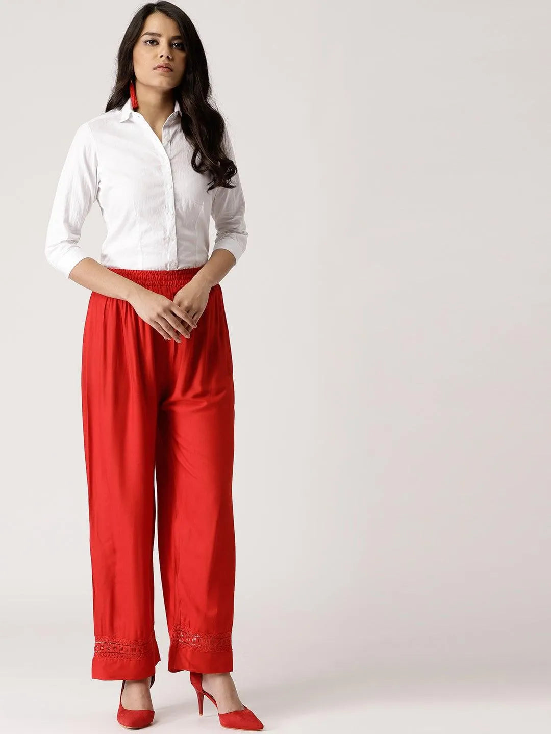 Red Solid Rayon Palazzos - Libas 