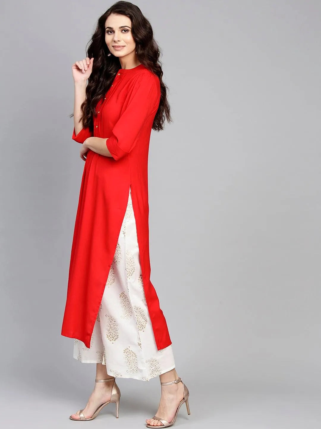 Red Solid Rayon Suit Set - Libas