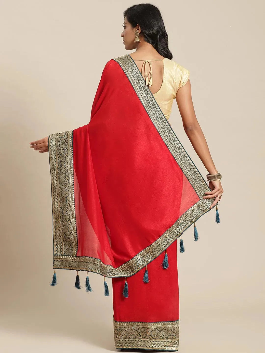 

Buy Red Solid Silk Blend Saree - 14699 | Libas Ethnic Wear Online