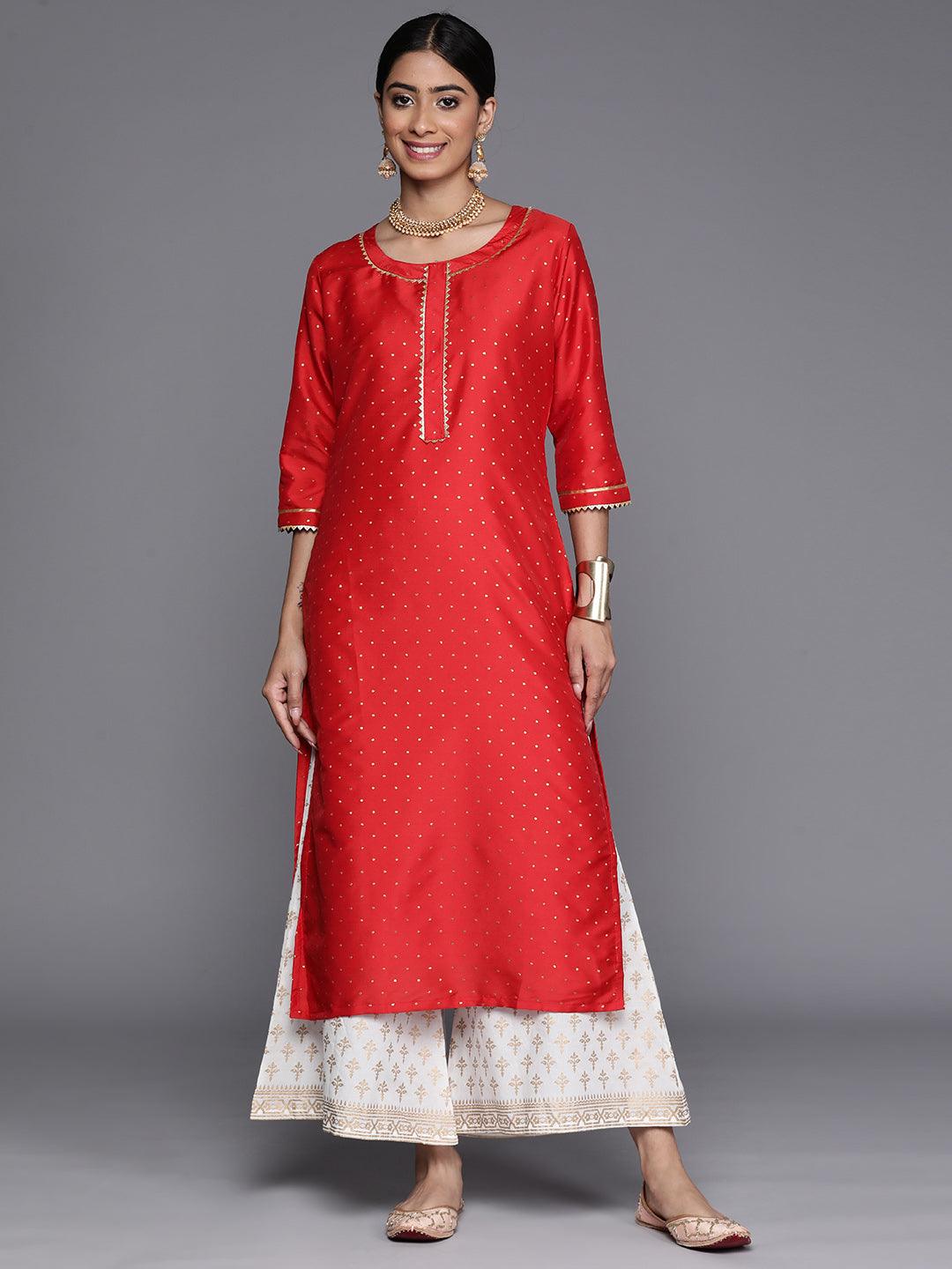 Red Woven Design Art Silk Straight Kurta - Libas