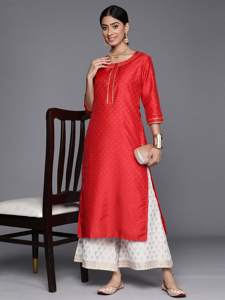 Red Woven Design Art Silk Straight Kurta - Libas