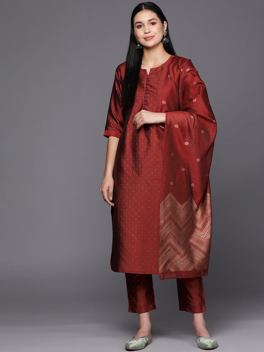Red Woven Design Art Silk Straight Kurta With Trousers & Dupatta