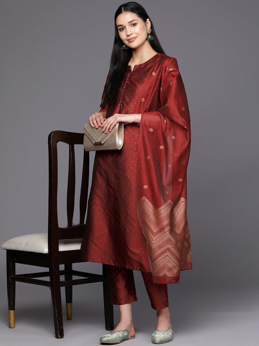 Red Woven Design Art Silk Straight Kurta With Trousers & Dupatta