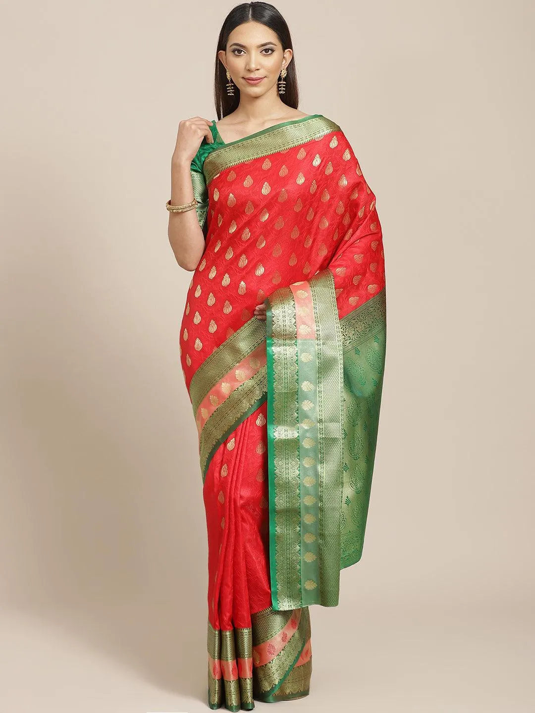 Red Woven Design Brocade Saree - Libas