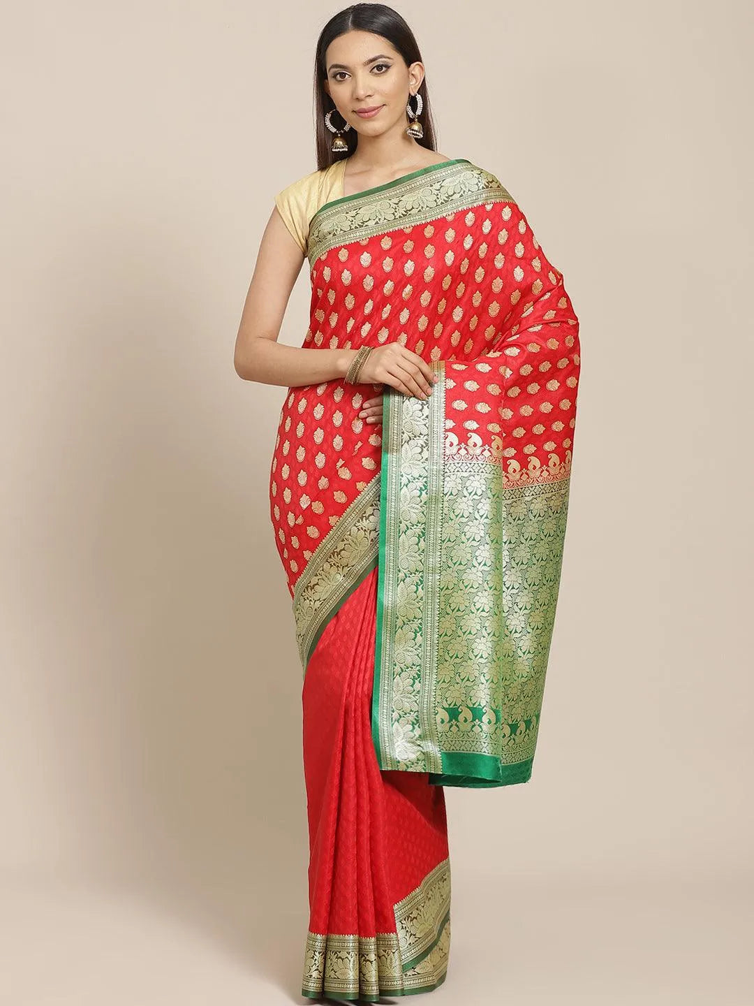 Red Woven Design Brocade Saree - Libas