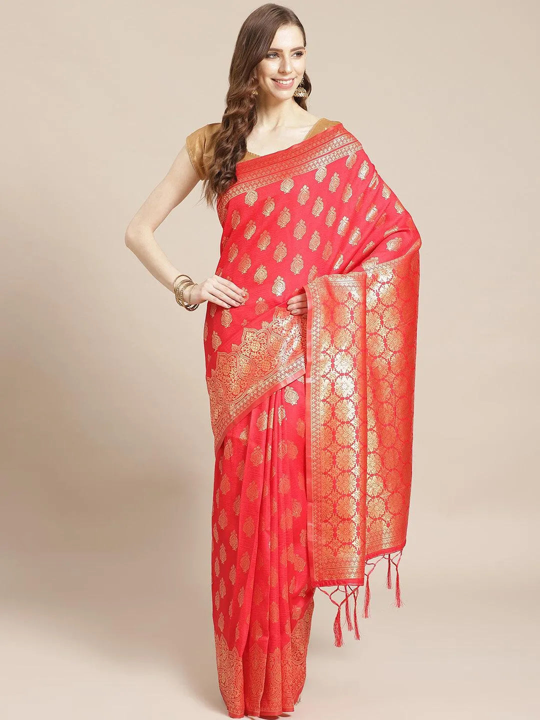 Red Woven Design Brocade Saree - Libas