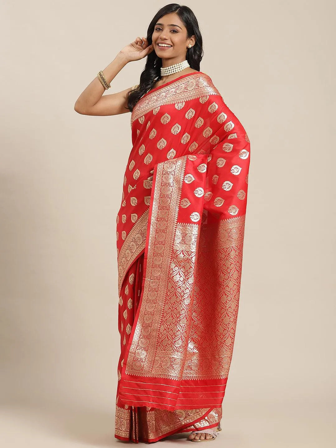 Red Woven Design Brocade Saree - Libas 