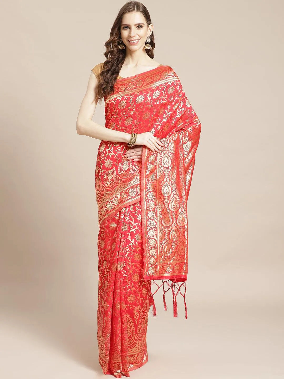 Red Woven Design Brocade Saree - Libas