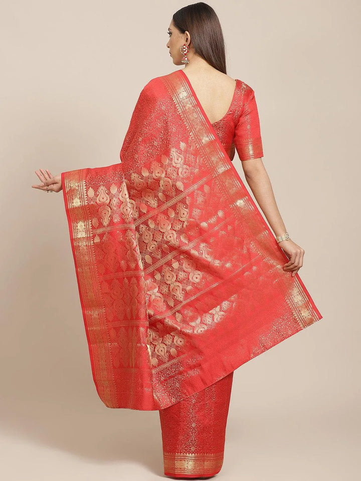 Red Woven Design Brocade Saree - Libas