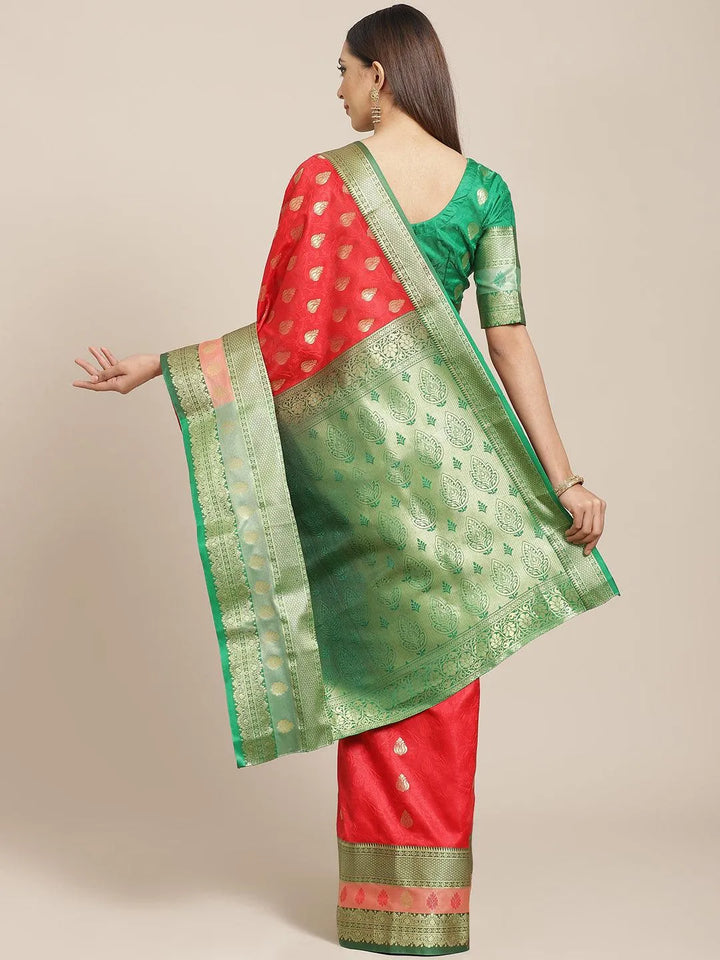 Red Woven Design Brocade Saree - Libas