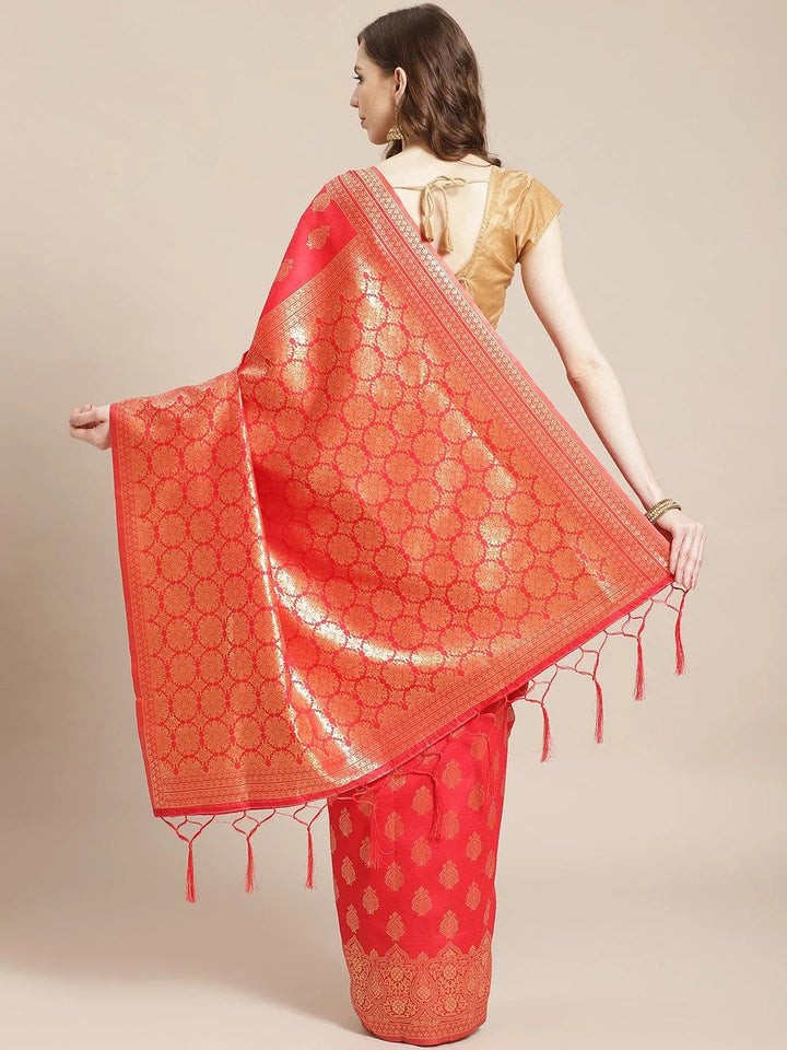 Red Woven Design Brocade Saree - Libas