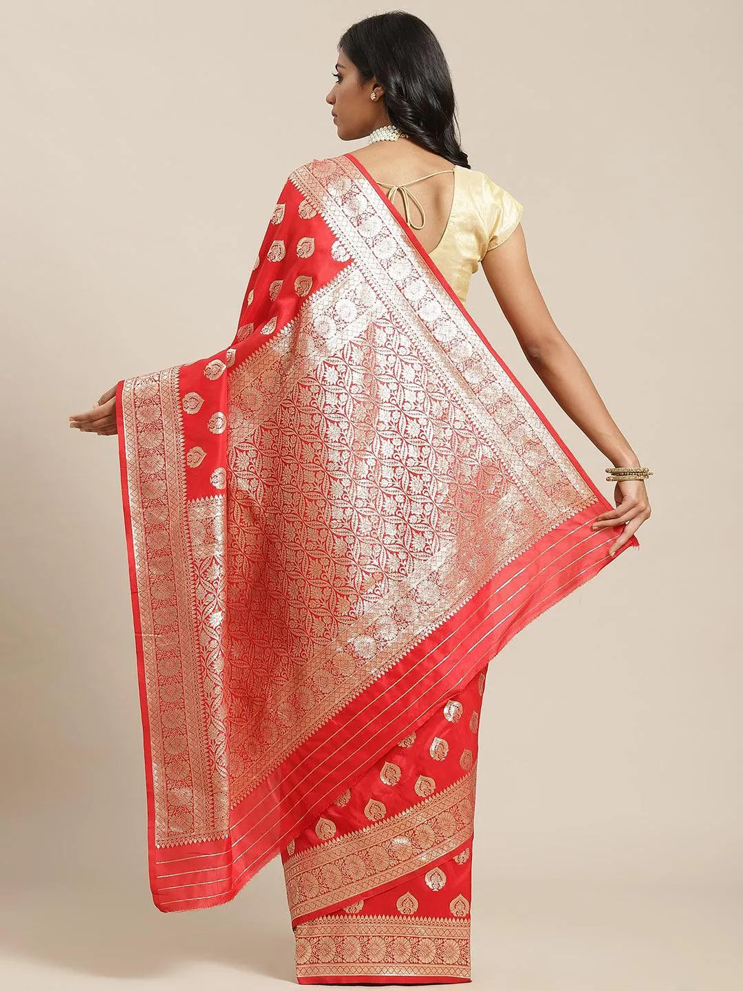 Red Woven Design Brocade Saree - Libas 