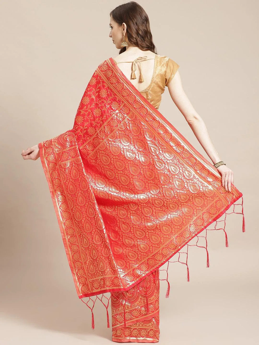 Red Woven Design Brocade Saree - Libas