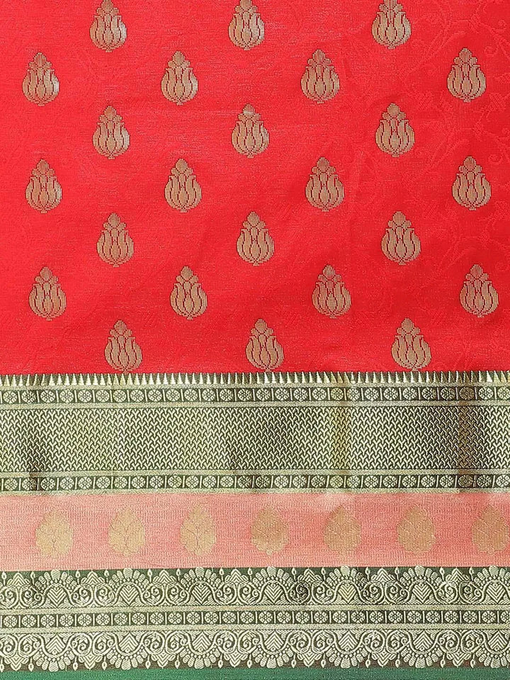 Red Woven Design Brocade Saree - Libas