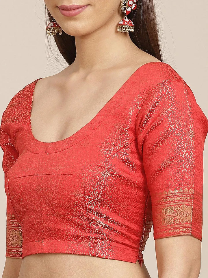 Red Woven Design Brocade Saree - Libas