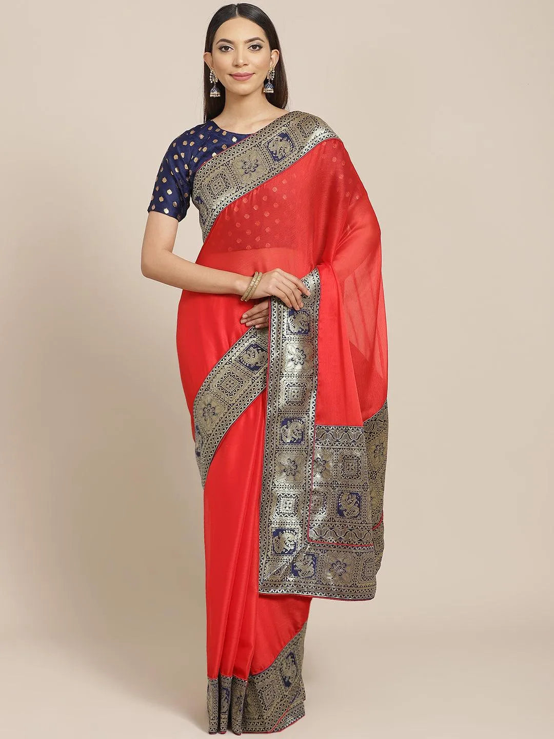 Red Woven Design Chiffon Saree - Libas