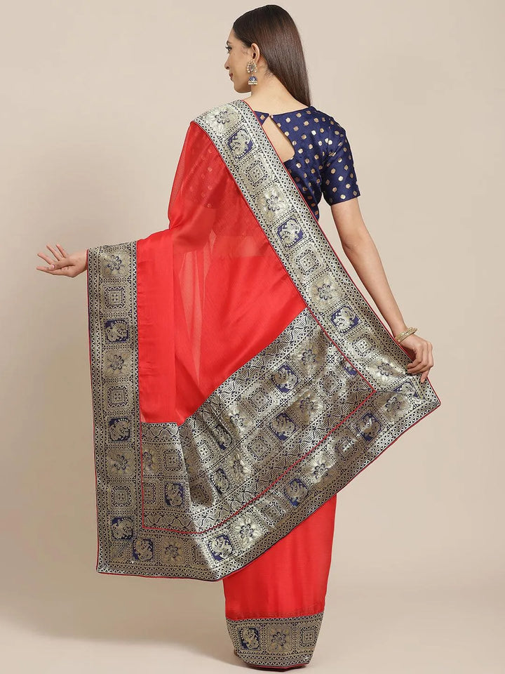 Red Woven Design Chiffon Saree - Libas