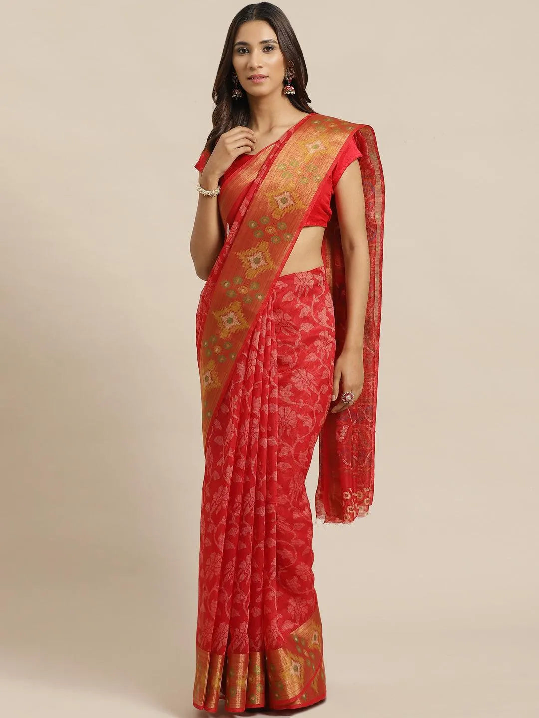 Red Woven Design Cotton Saree - Libas