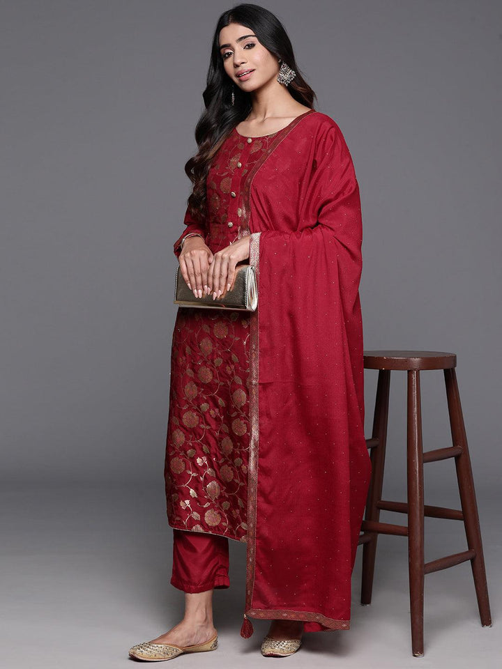 Red Woven Design Silk Blend Straight Kurta With Trousers & Dupatta - Libas