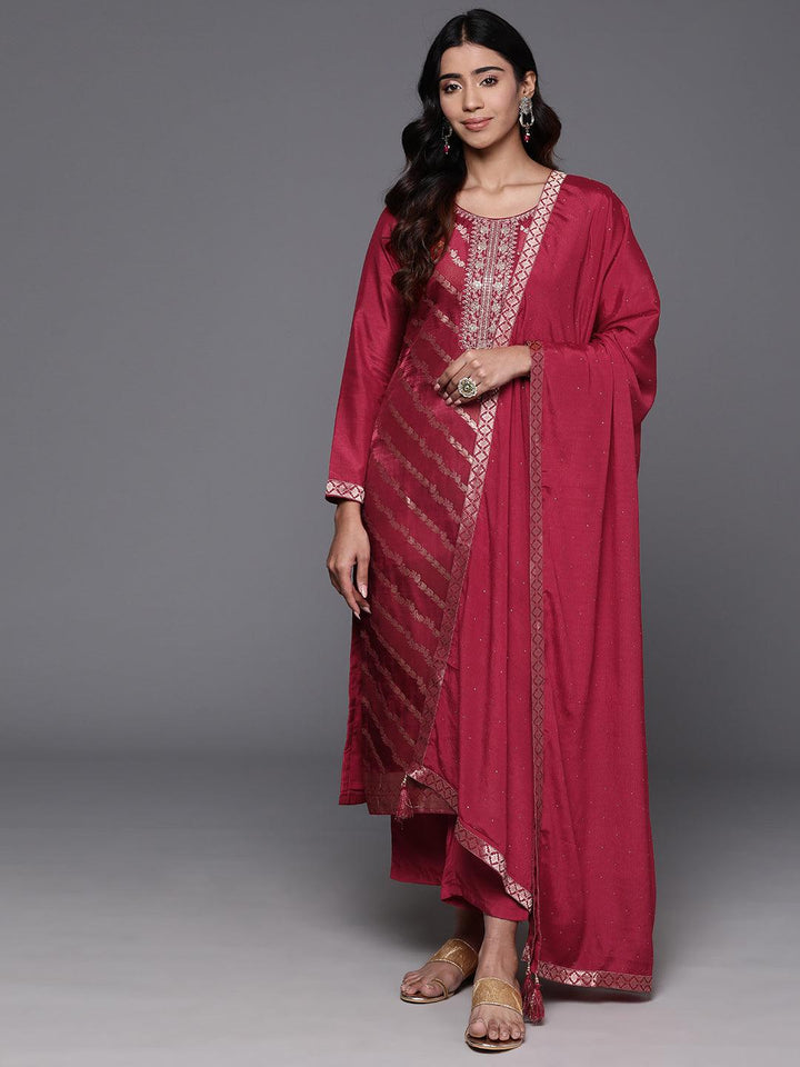 Red Woven Design Silk Blend Straight Kurta With Trousers & Dupatta - Libas