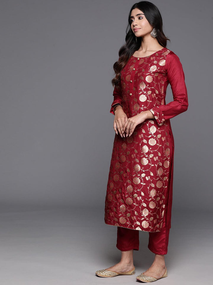 Red Woven Design Silk Blend Straight Kurta With Trousers & Dupatta - Libas