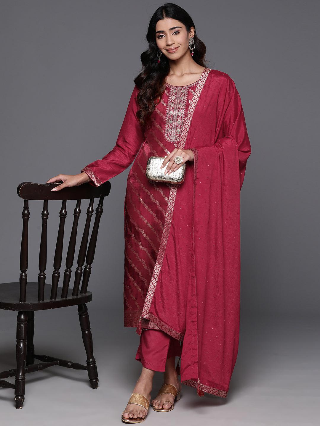 Red Woven Design Silk Blend Straight Kurta With Trousers & Dupatta - Libas