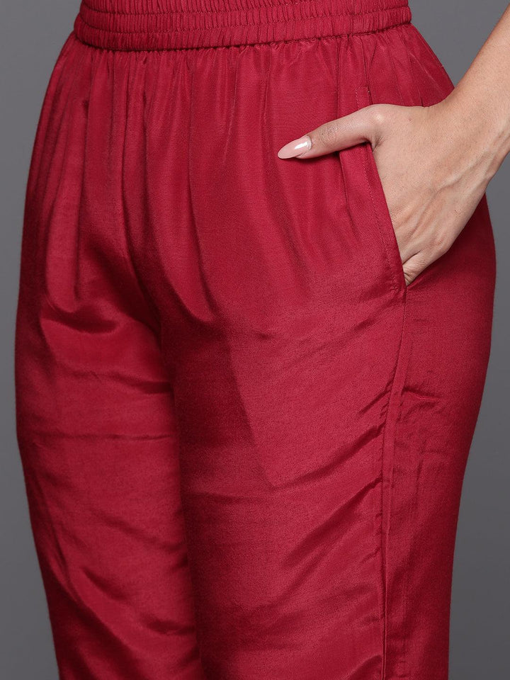 Red Woven Design Silk Blend Straight Kurta With Trousers & Dupatta - Libas