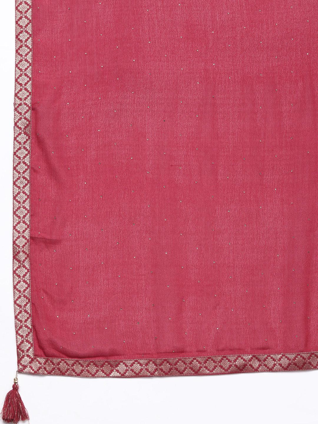 Red Woven Design Silk Blend Straight Kurta With Trousers & Dupatta - Libas