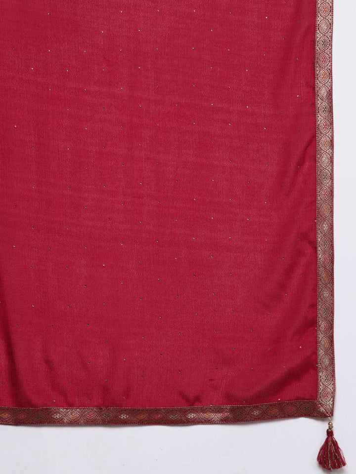 Red Woven Design Silk Blend Straight Kurta With Trousers & Dupatta - Libas