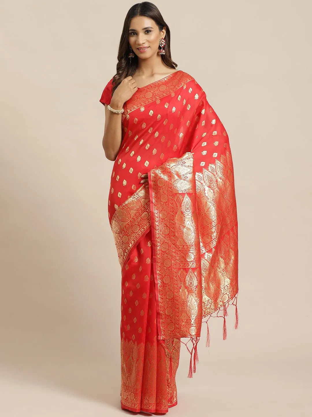 Red Woven Design Silk Saree - Libas