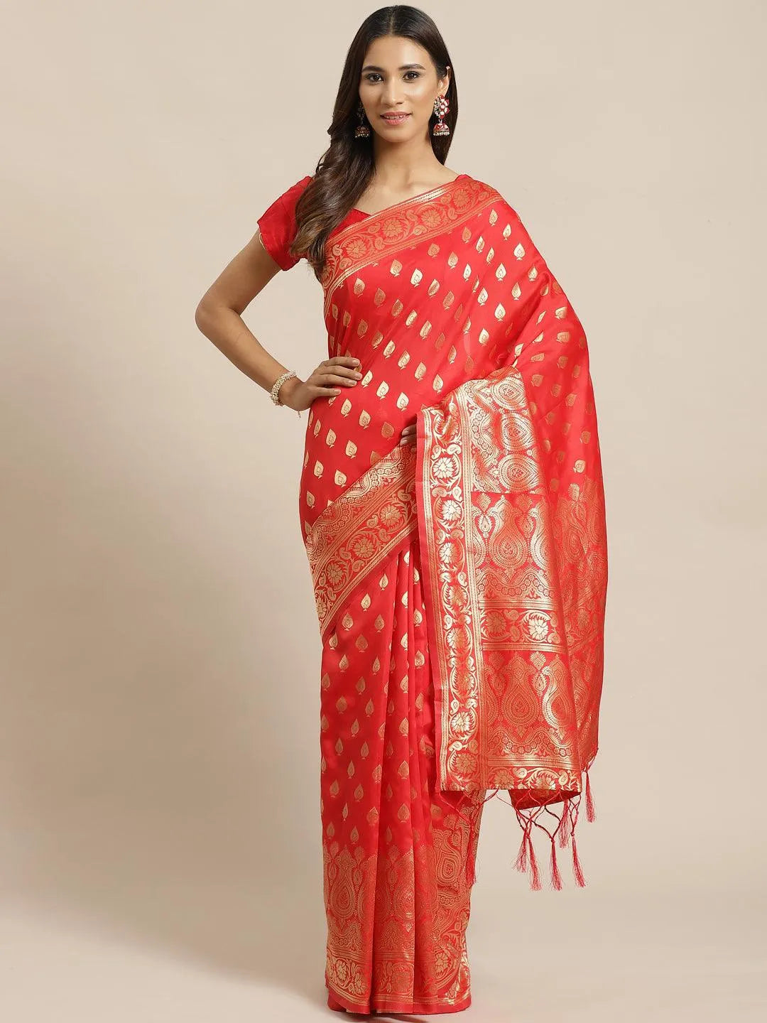 Red Woven Design Silk Saree - Libas