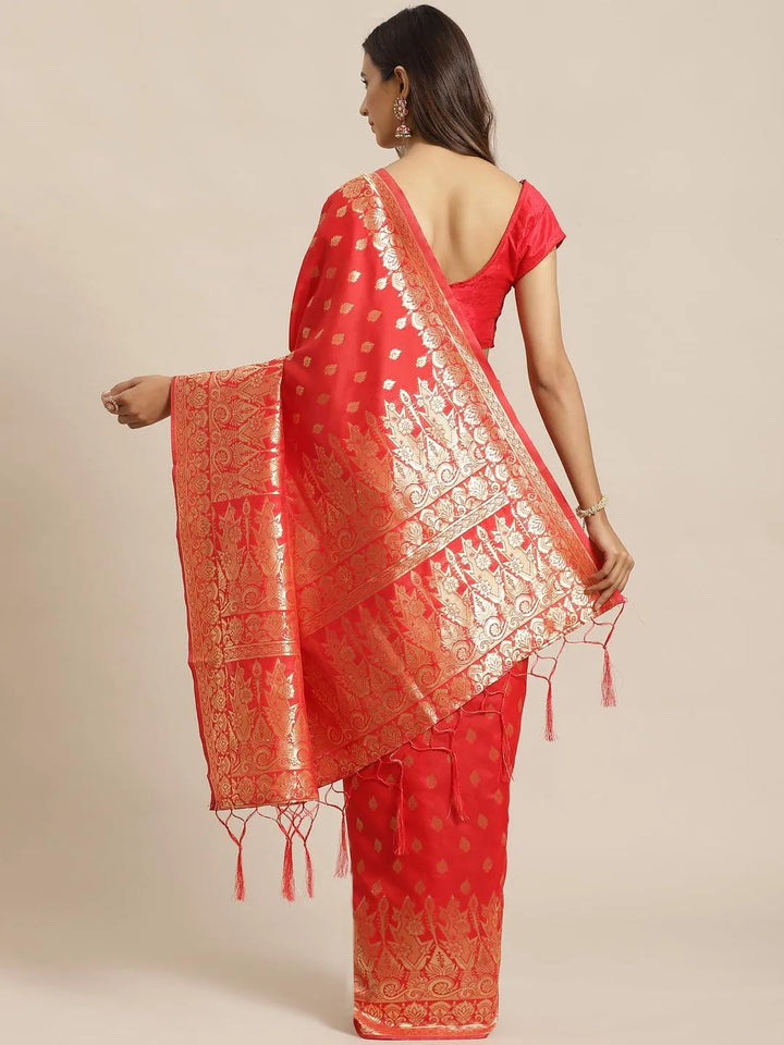 Red Woven Design Silk Saree - Libas