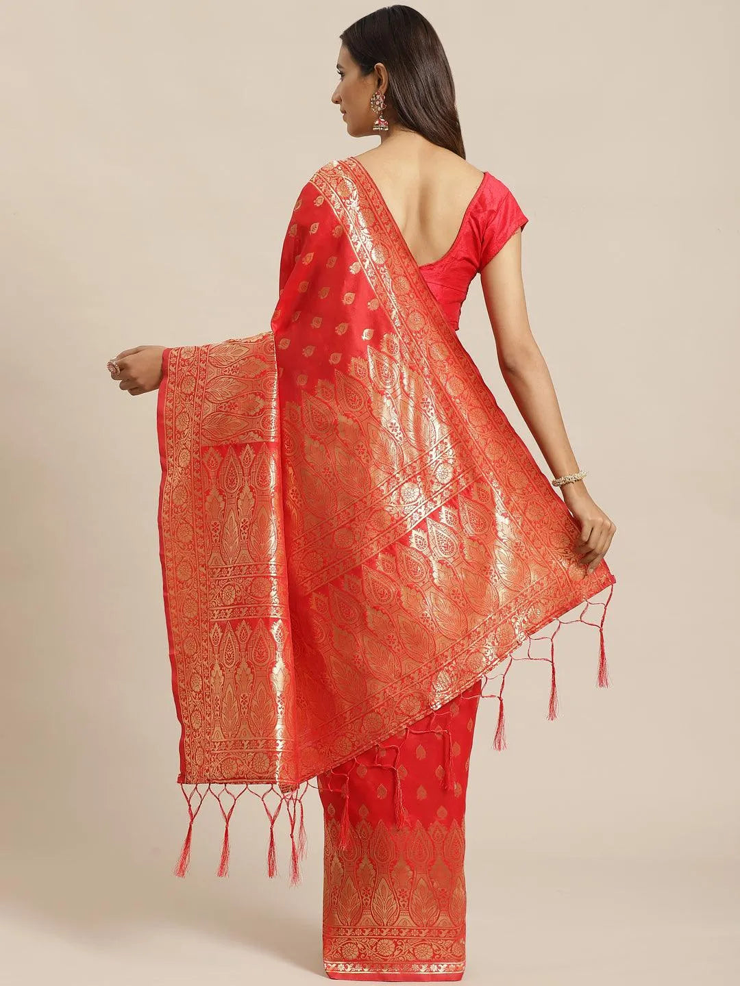 Red Woven Design Silk Saree - Libas