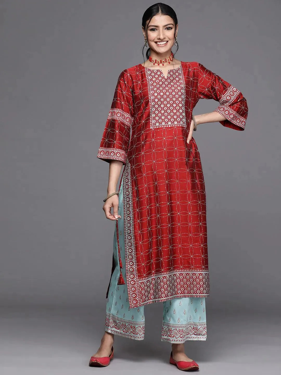 Red Yoke Design Chanderi Silk Kurta - Libas 