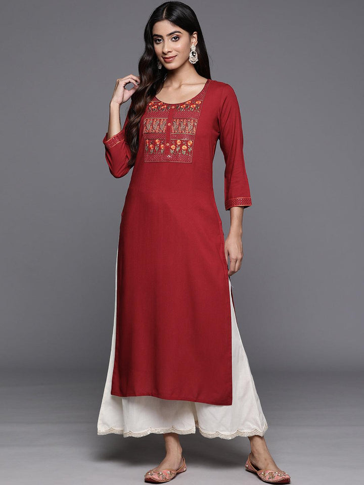 Red Yoke Design Rayon Straight Kurta - Libas