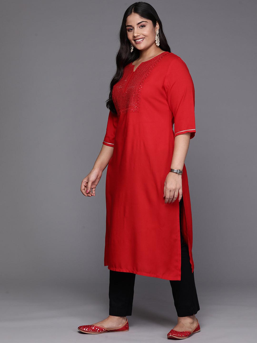 Red Yoke Design Rayon Straight Kurta - Libas