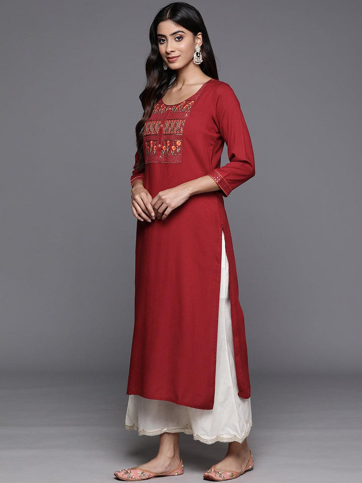 Red Yoke Design Rayon Straight Kurta - Libas